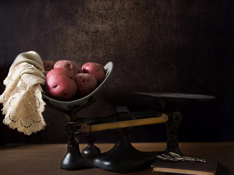 Six russet potatoes sitting on a balance scale in the style of an old still life painting representing the trial